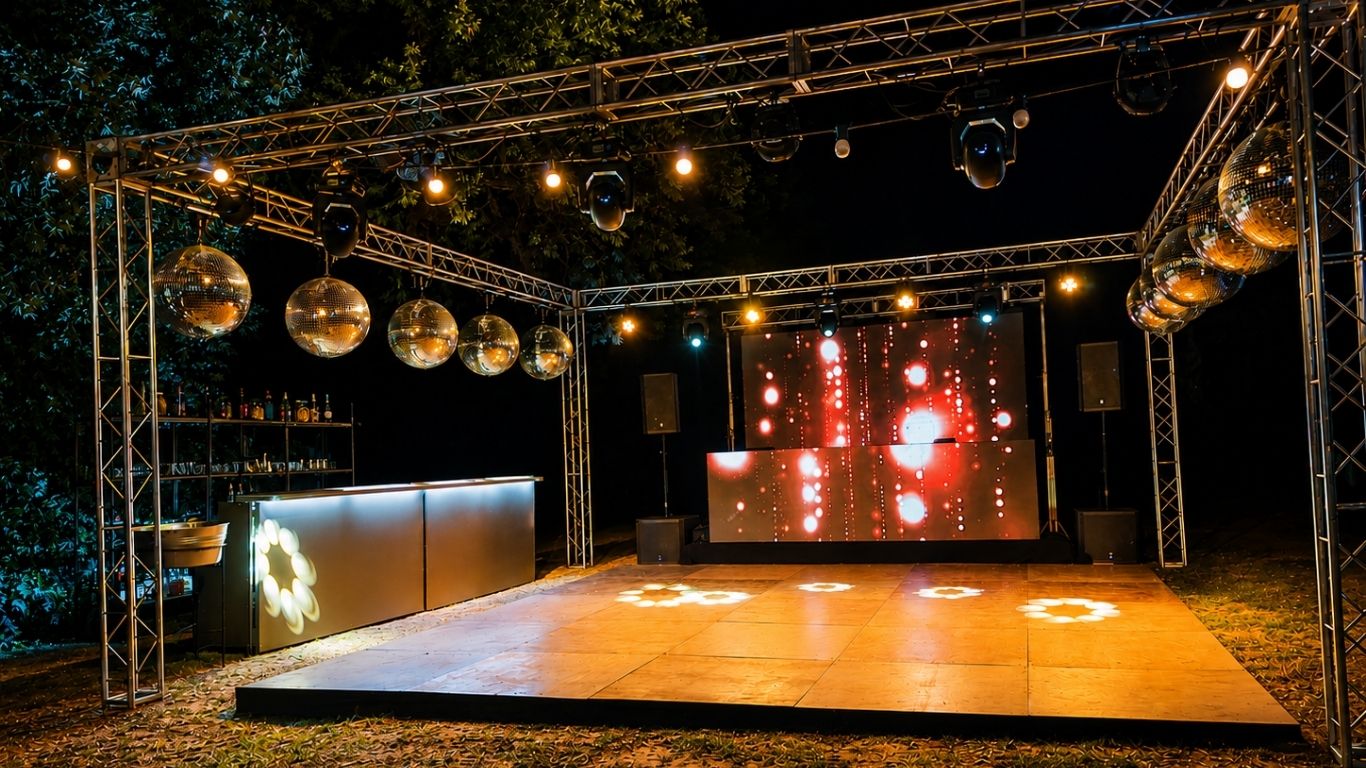 Puesta de iluminación y pista de baile Grupo 3 Eventos